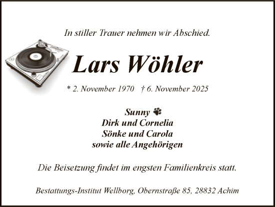 Traueranzeige von Lars Wöhler von SYKS