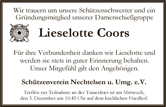 Traueranzeige von Lieselotte Coors von SYKS