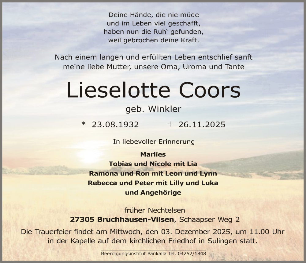  Traueranzeige für Lieselotte Coors vom 29.11.2025 aus SYKS