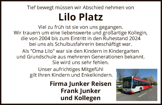 Traueranzeige von Lilo Platz von SYKS