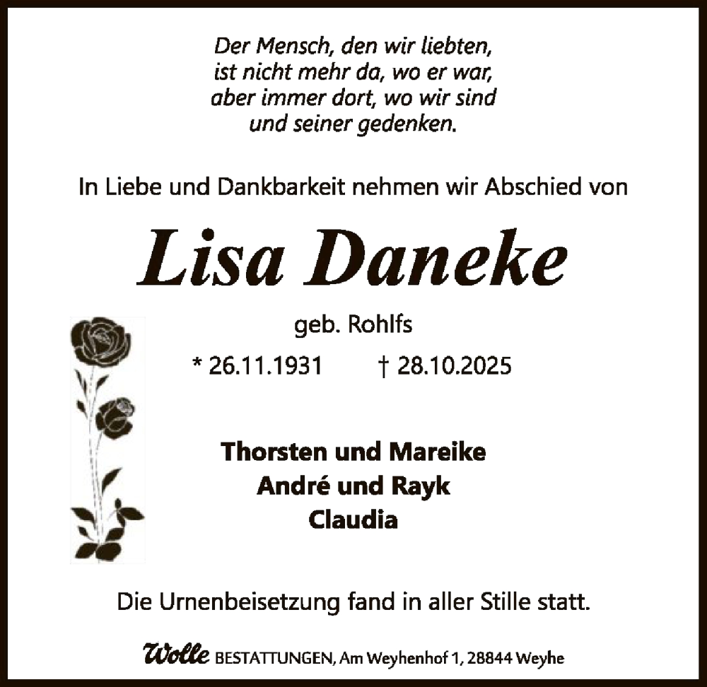  Traueranzeige für Lisa Daneke vom 22.11.2025 aus SYKS