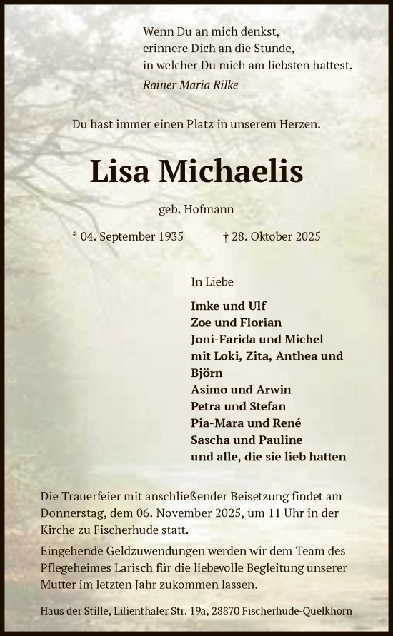 Traueranzeige von Lisa Michaelis von SYKS