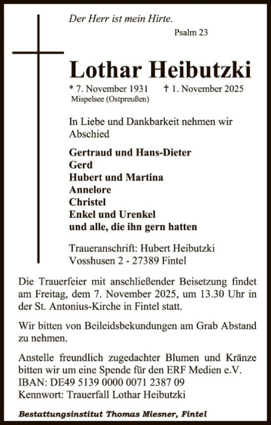 Traueranzeige von Lothar Heibutzki von SYKR