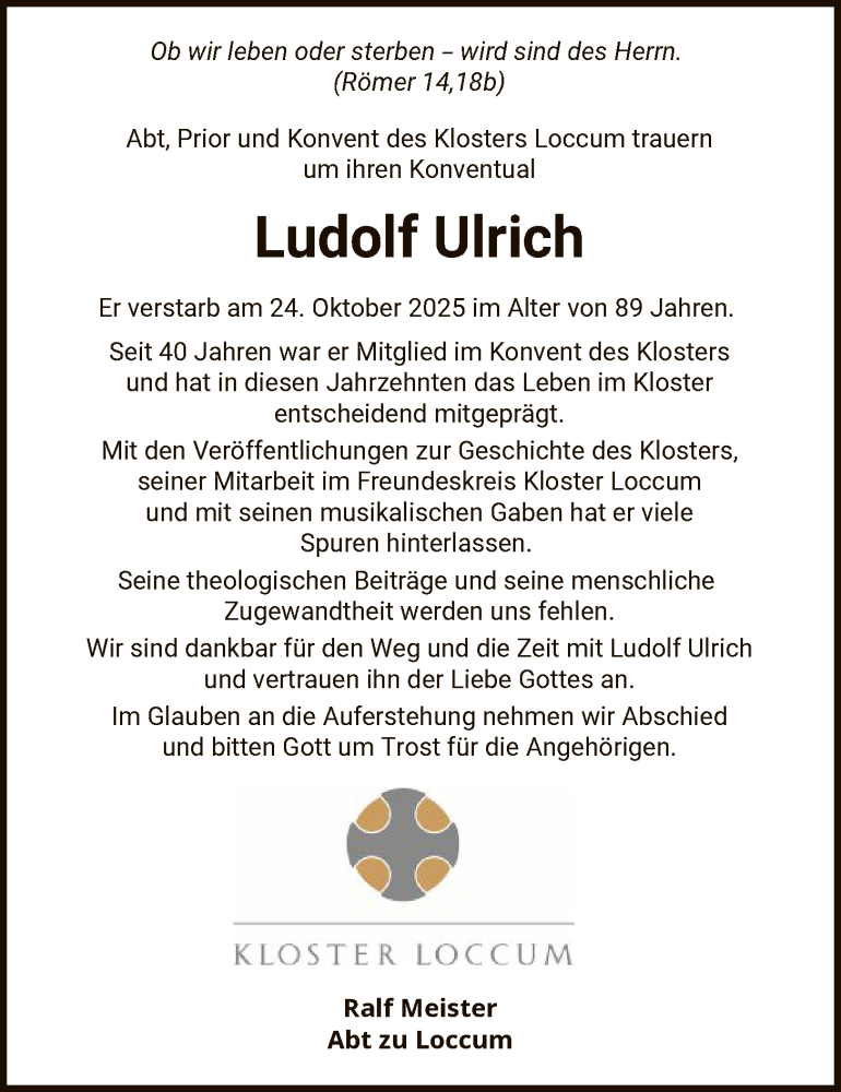  Traueranzeige für Ludolf Ulrich vom 01.11.2025 aus SYKS