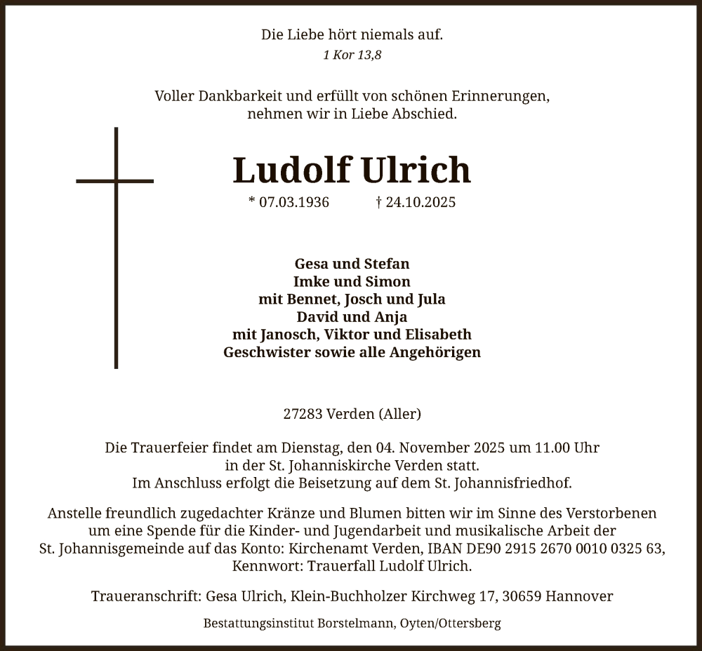  Traueranzeige für Ludolf Ulrich vom 01.11.2025 aus SYKS