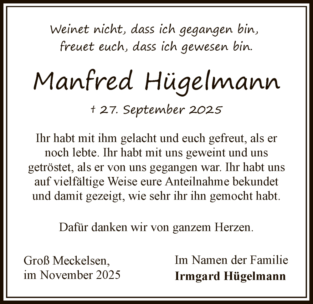  Traueranzeige für Manfred Hügelmann vom 22.11.2025 aus SYKR