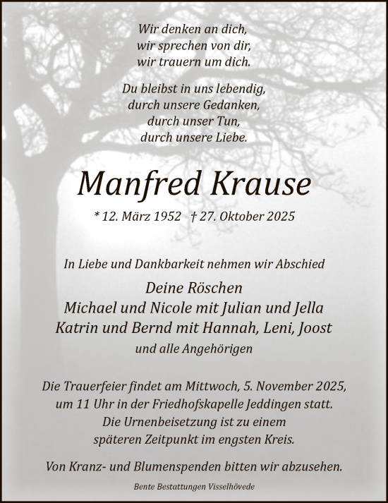 Traueranzeige von Manfred Krause von SYKR