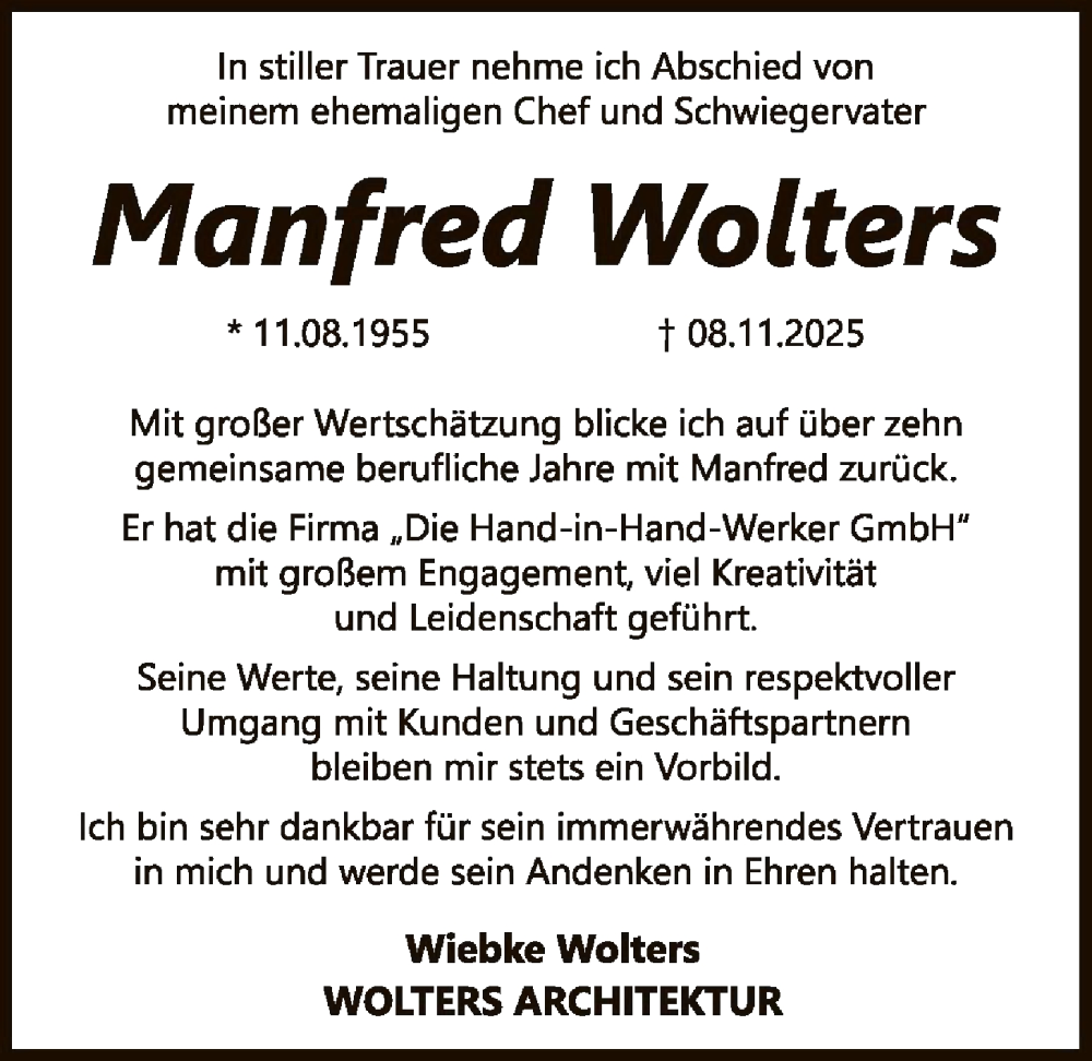  Traueranzeige für Manfred Wolters vom 15.11.2025 aus SYKSSYKS
