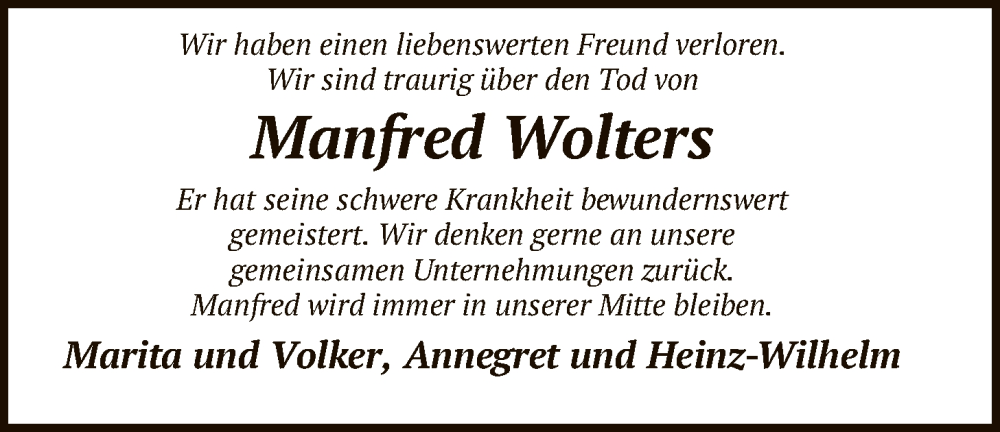  Traueranzeige für Manfred Wolters vom 15.11.2025 aus SYKS