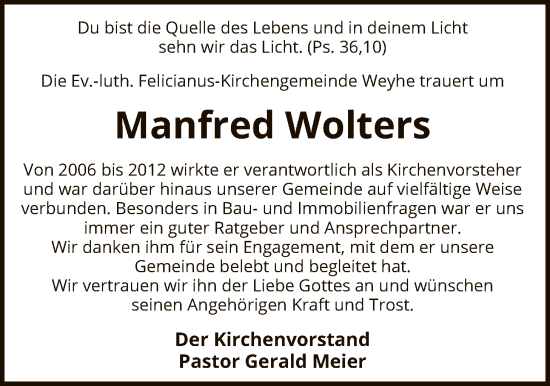 Traueranzeige von Manfred Wolters von SYKS