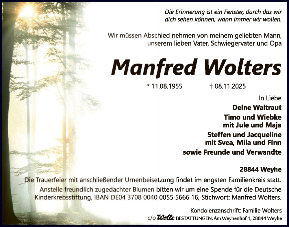  Traueranzeige für Manfred Wolters vom 15.11.2025 aus SYKSSYKS