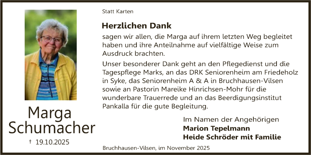  Traueranzeige für Marga Schumacher vom 29.11.2025 aus SYKS