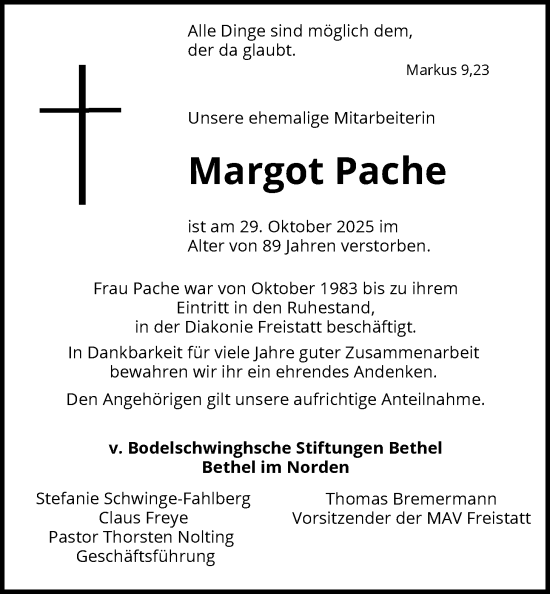 Traueranzeige von Margot Pache von SYKS