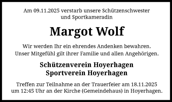 Traueranzeige von Margot Wolf von SYKS
