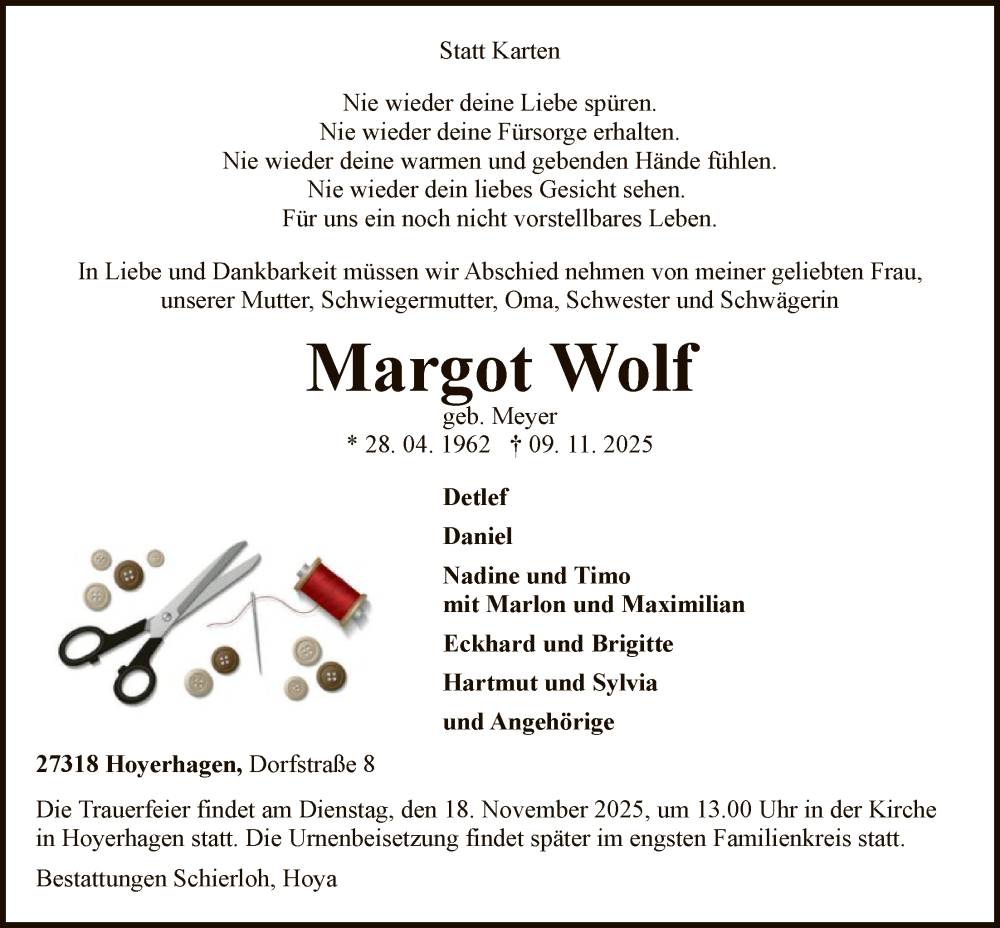  Traueranzeige für Margot Wolf vom 15.11.2025 aus SYKS