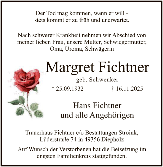 Traueranzeige von Margret Fichtner von SYKS