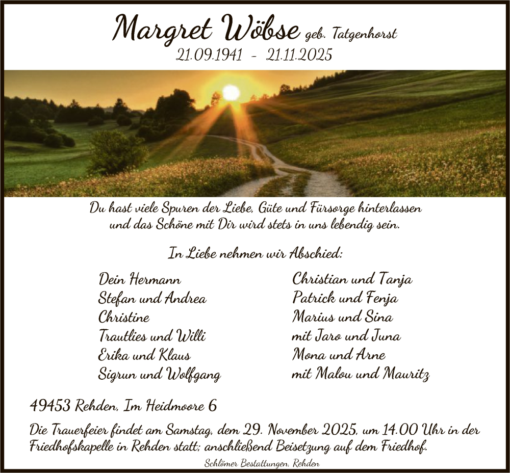  Traueranzeige für Margret Wöbse vom 26.11.2025 aus SYKS