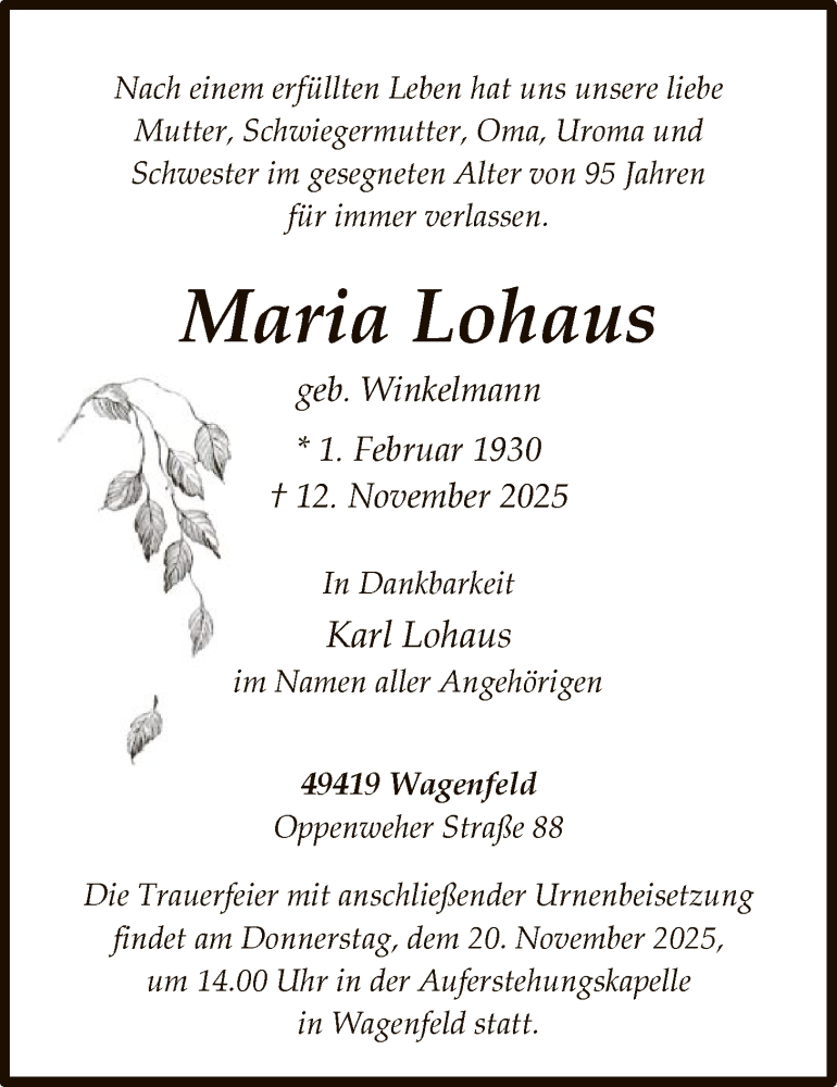  Traueranzeige für Maria Lohaus vom 15.11.2025 aus SYKS