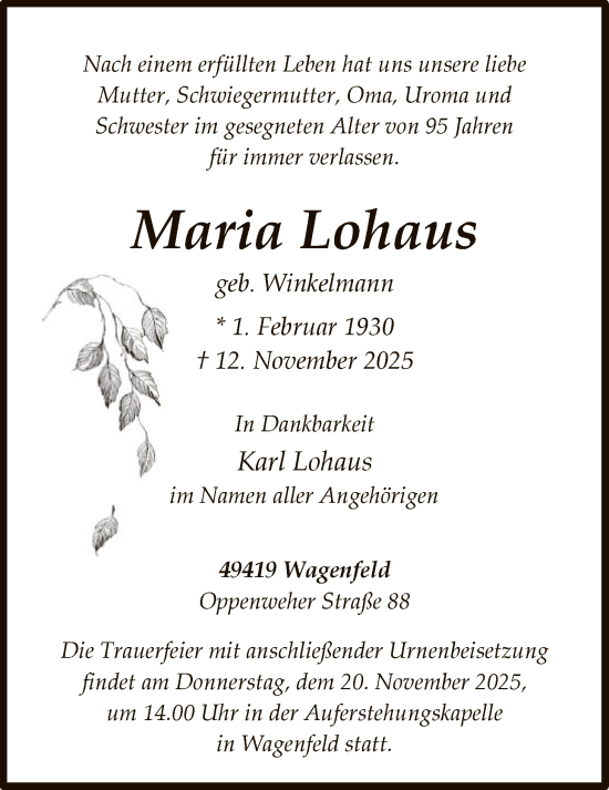 Traueranzeige von Maria Lohaus von SYKS