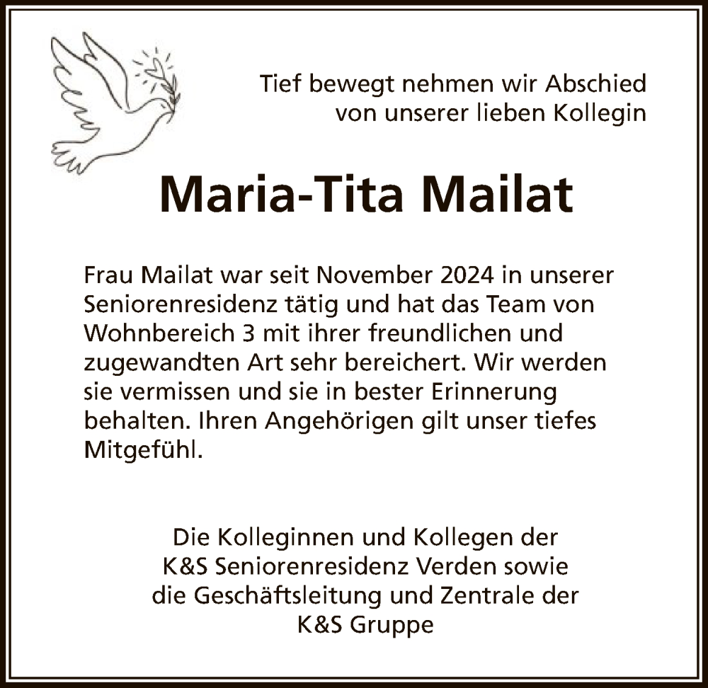  Traueranzeige für Maria-Tita Mailat vom 29.11.2025 aus SYKS