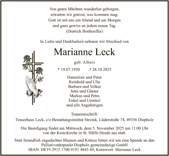 Traueranzeige von Marianne Leck von SYKS