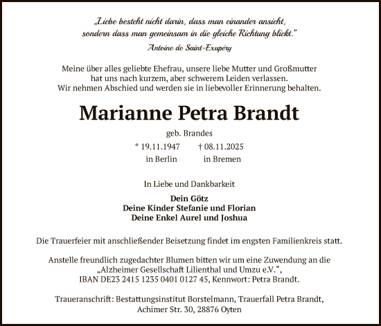 Traueranzeige von Marianne Petra Brandt von SYKS