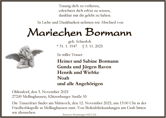 Traueranzeige von Mariechen Bormann von SYKSSYKS