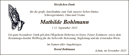 Traueranzeige von Mathilde Bohlmann von SYKS