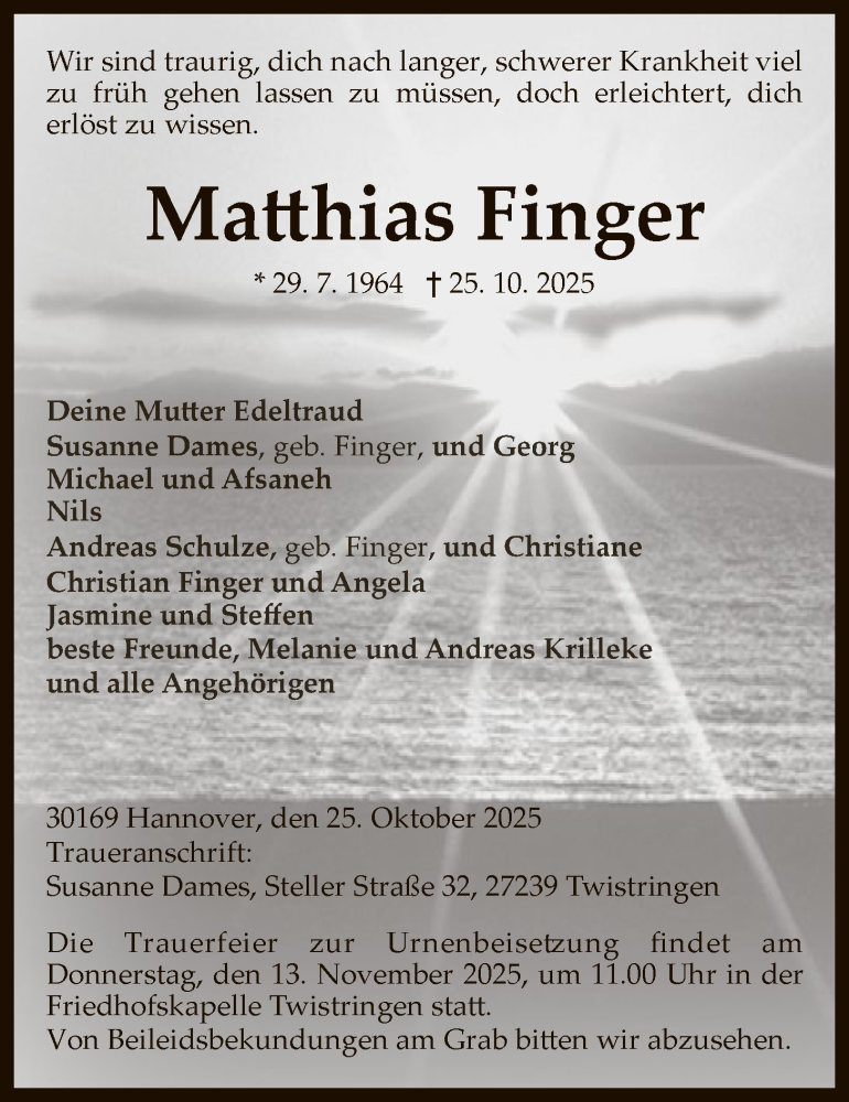  Traueranzeige für Matthias Finger vom 10.11.2025 aus SYKS