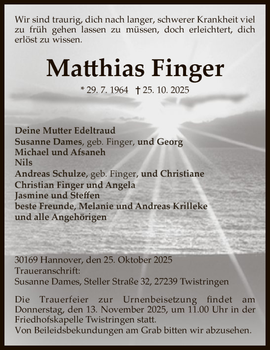 Traueranzeige von Matthias Finger von SYKS