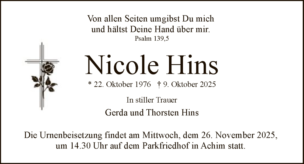  Traueranzeige für Nicole Hins vom 24.11.2025 aus SYKS