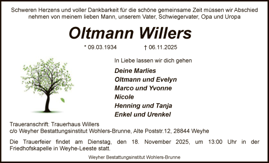 Traueranzeige von Oltmann Willers von SYKS
