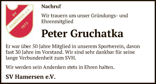 Traueranzeige von Peter Gruchatka von SYKR
