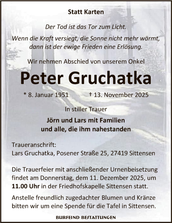 Traueranzeige von Peter Gruchatka von SYKR