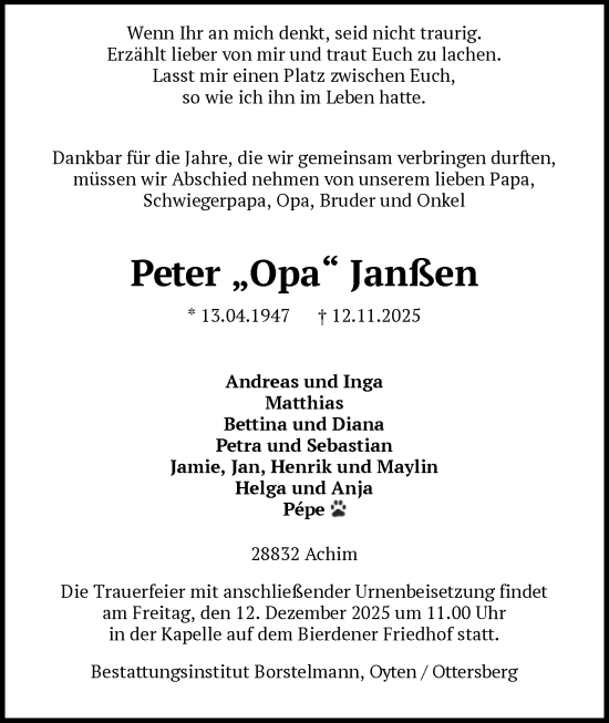 Traueranzeige von Peter Janßen von SYKS