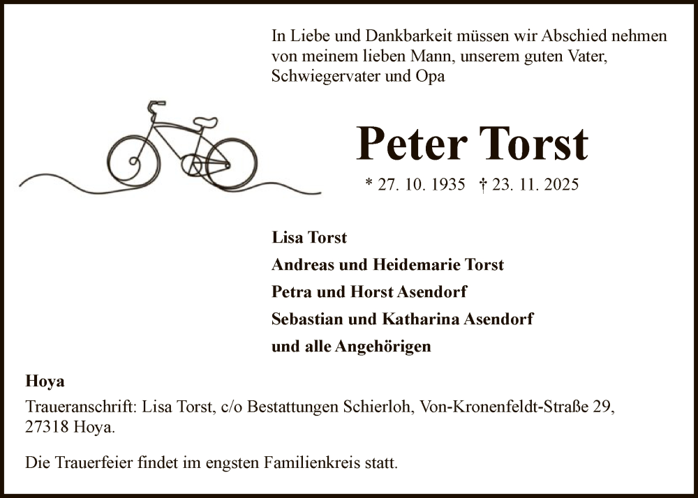  Traueranzeige für Peter Torst vom 29.11.2025 aus SYKS