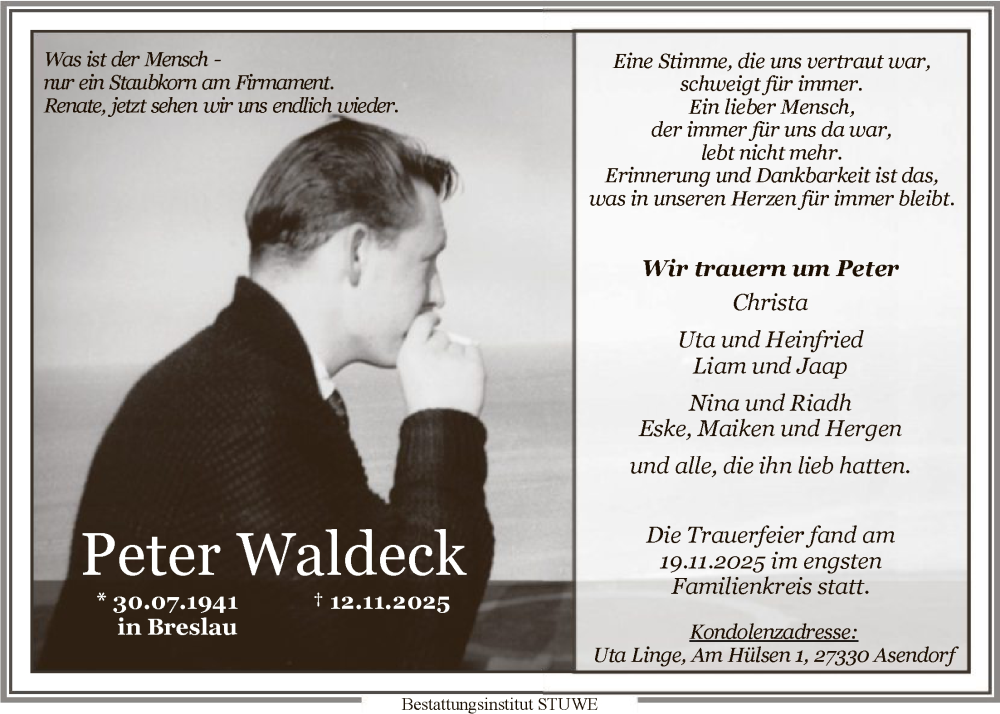  Traueranzeige für Peter Waldeck vom 22.11.2025 aus SYKS