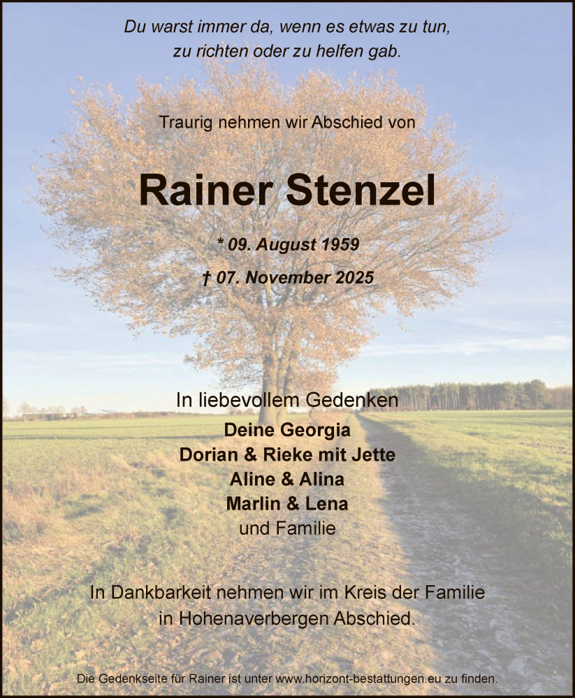  Traueranzeige für Rainer Stenzel vom 15.11.2025 aus SYKS