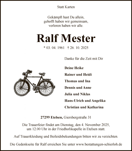 Traueranzeige von Ralf Mester von SYKS