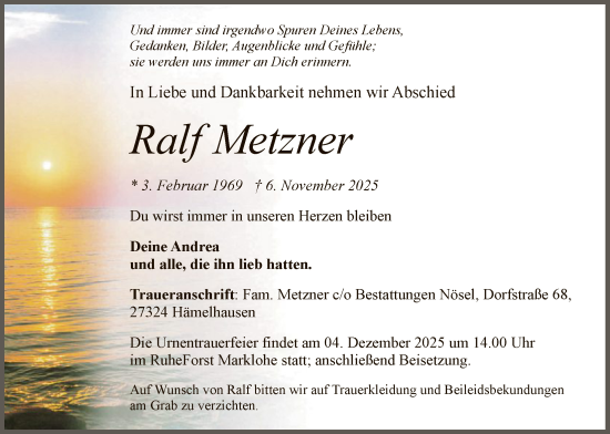Traueranzeige von Ralf Metzner von SYKS