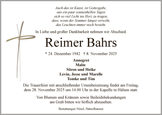 Traueranzeige von Reimer Bahrs von SYKS