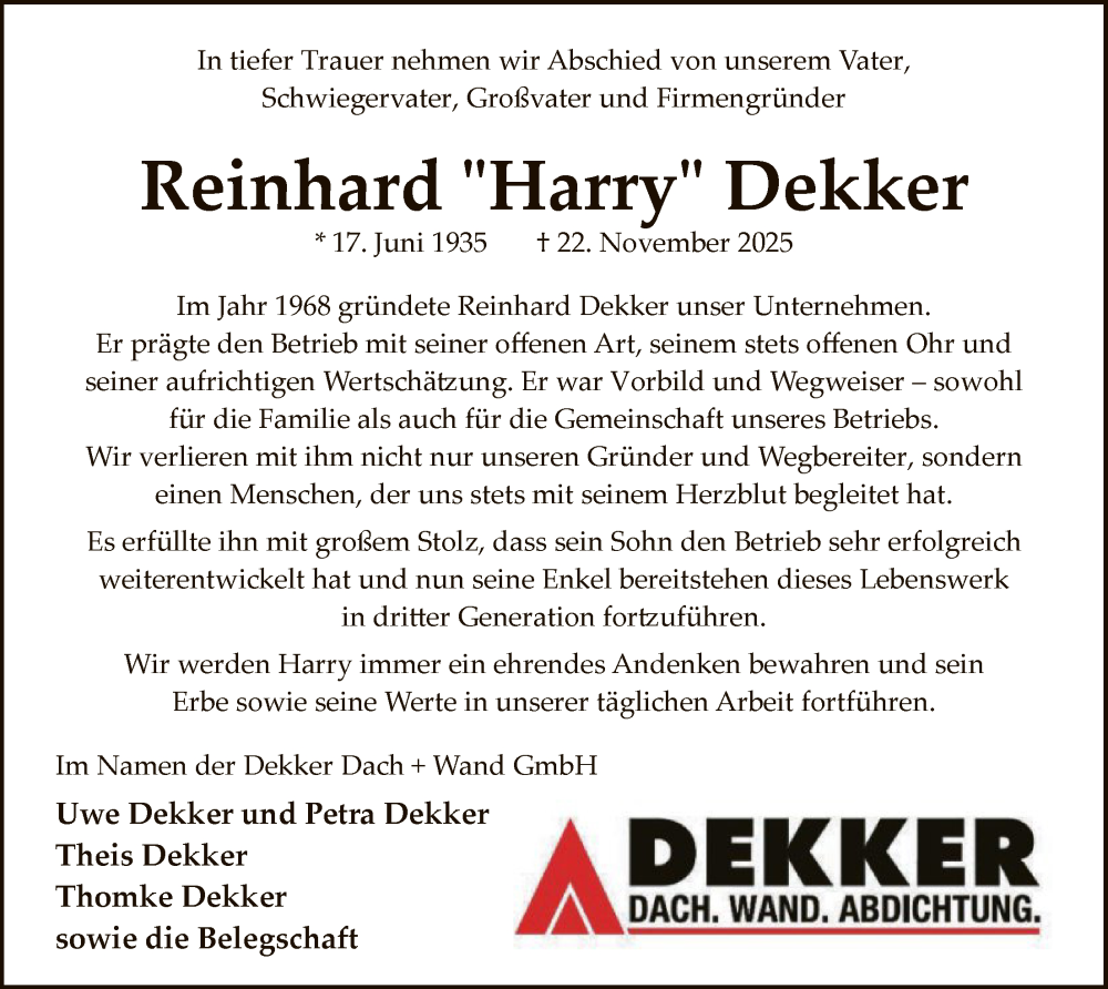  Traueranzeige für Reinhard Dekker vom 26.11.2025 aus SYWZ