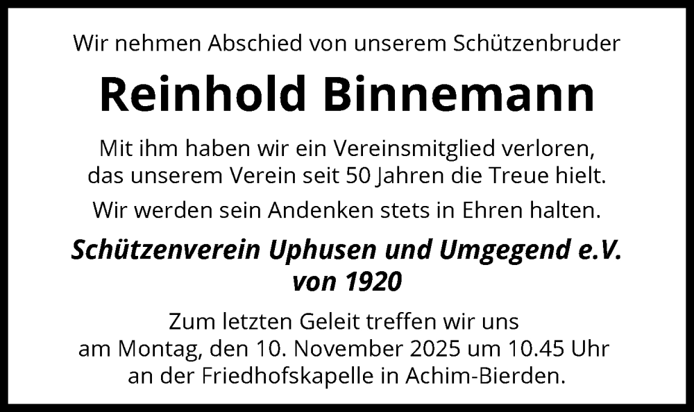  Traueranzeige für Reinhold Binnemann vom 01.11.2025 aus SYKS
