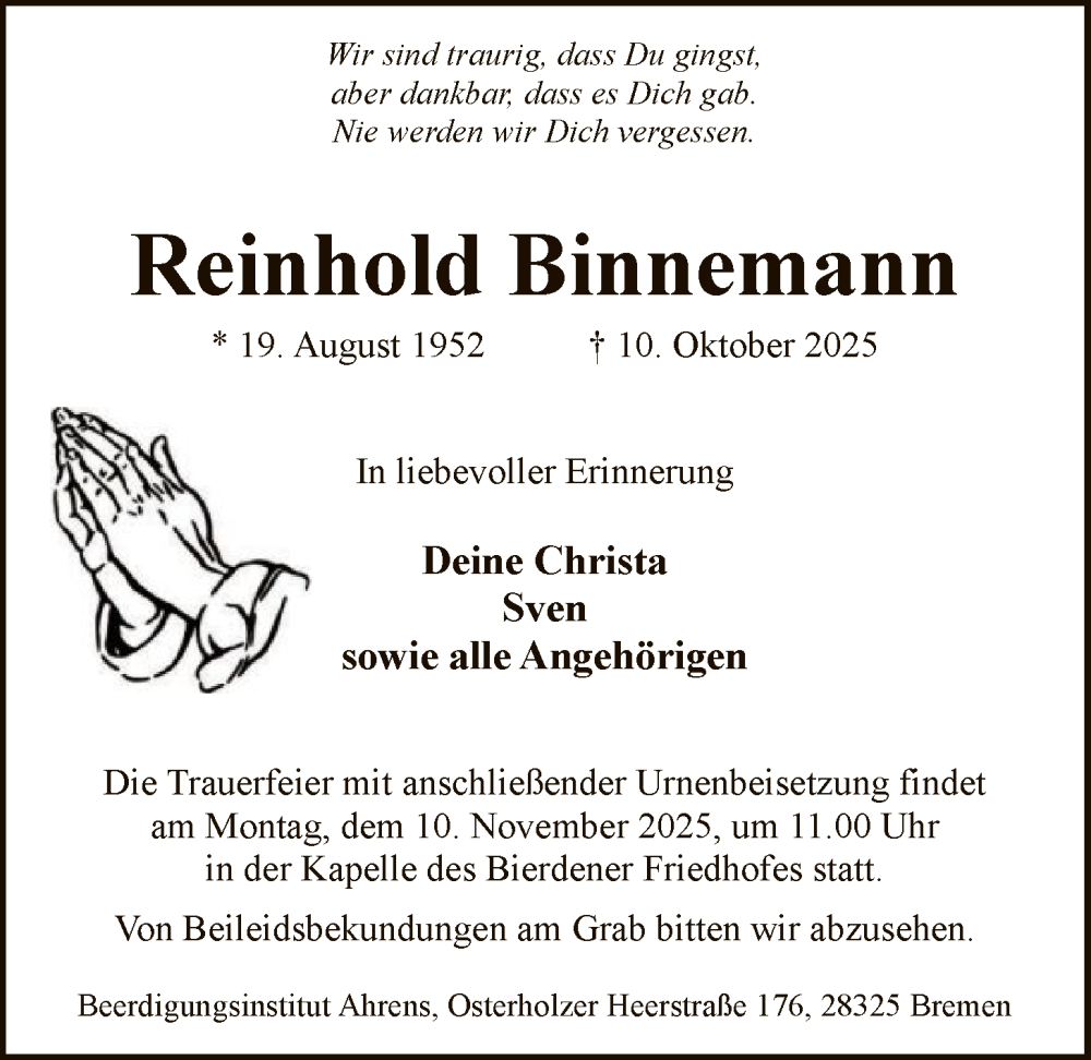  Traueranzeige für Reinhold Binnemann vom 01.11.2025 aus SYKS