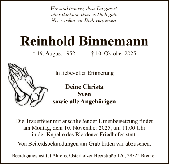 Traueranzeige von Reinhold Binnemann von SYKS
