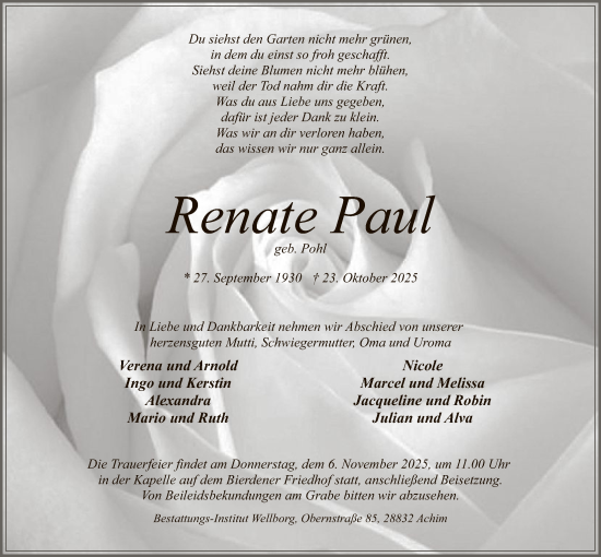 Traueranzeige von Renate Paul von SYKS