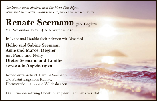 Traueranzeige von Renate Seemann von SYWZ