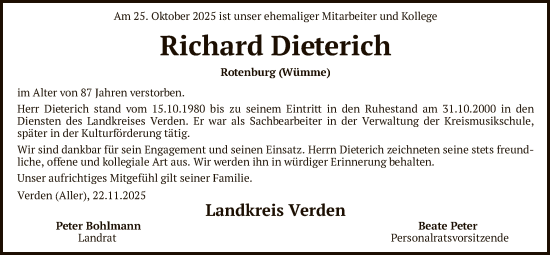 Traueranzeige von Richard Dieterich von SYKS