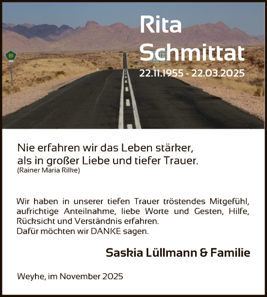 Traueranzeige von Rita Schmittat von SYKS