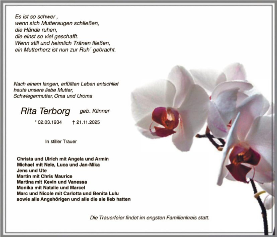 Traueranzeige von Rita Terborg von SYKR